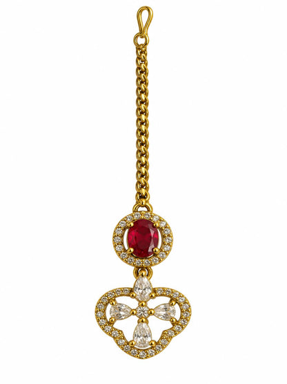 South Indian Gold Plated Red AD Maang Tikka for Women
