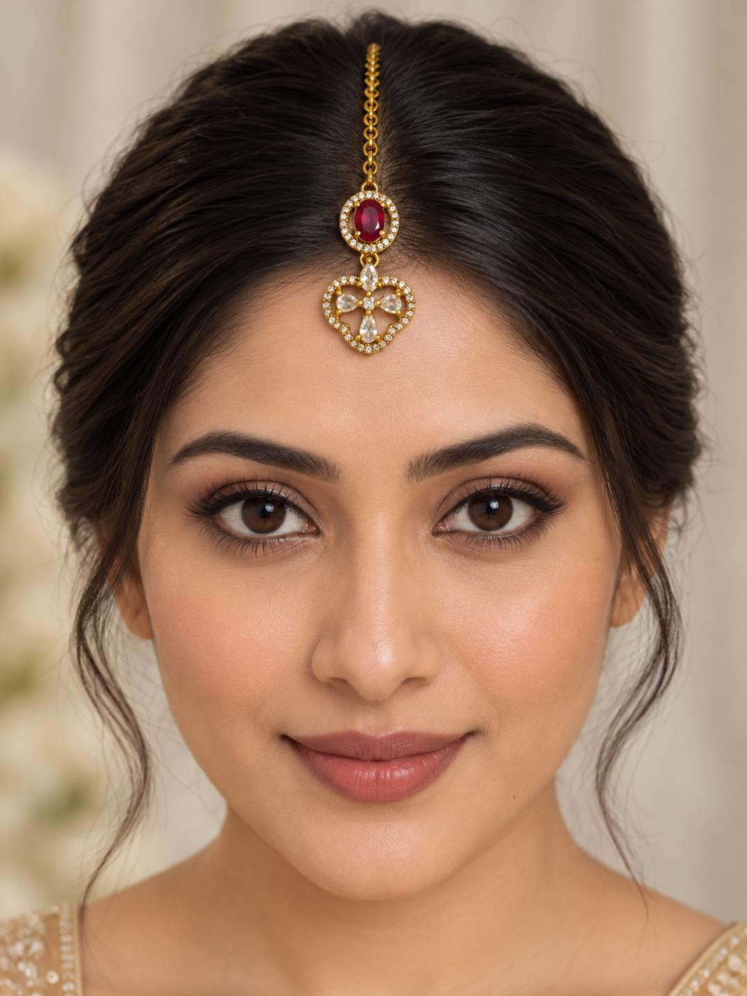 South Indian Gold Plated Red AD Maang Tikka for Women