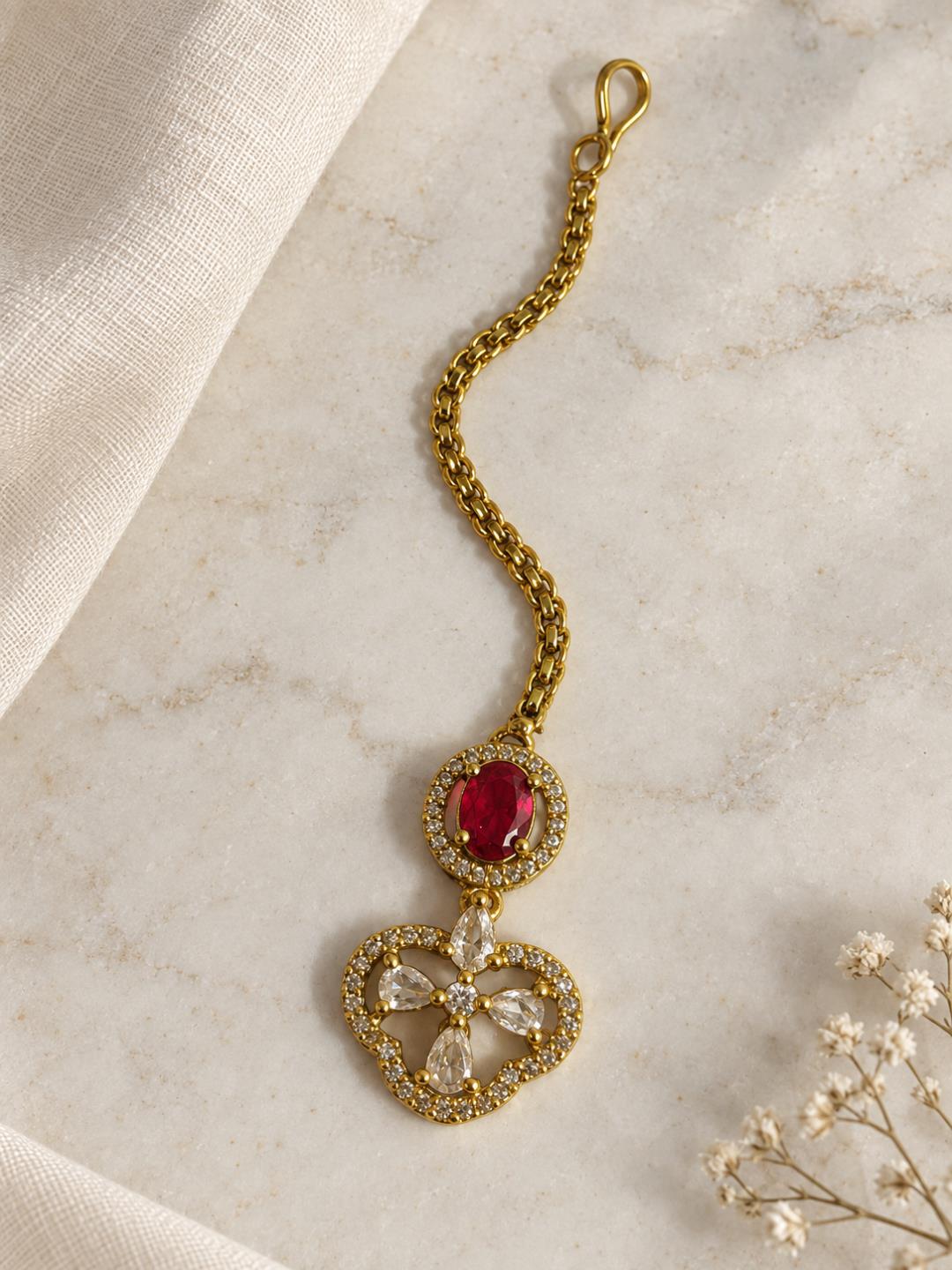 South Indian Gold Plated Red AD Maang Tikka for Women