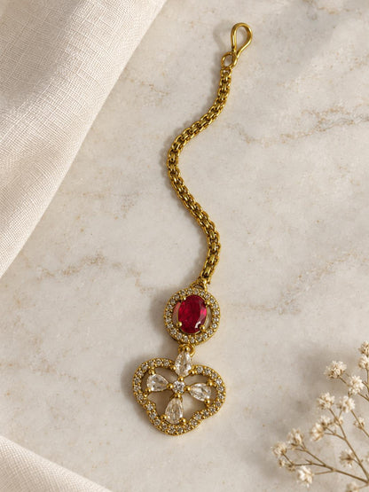 South Indian Gold Plated Red AD Maang Tikka for Women