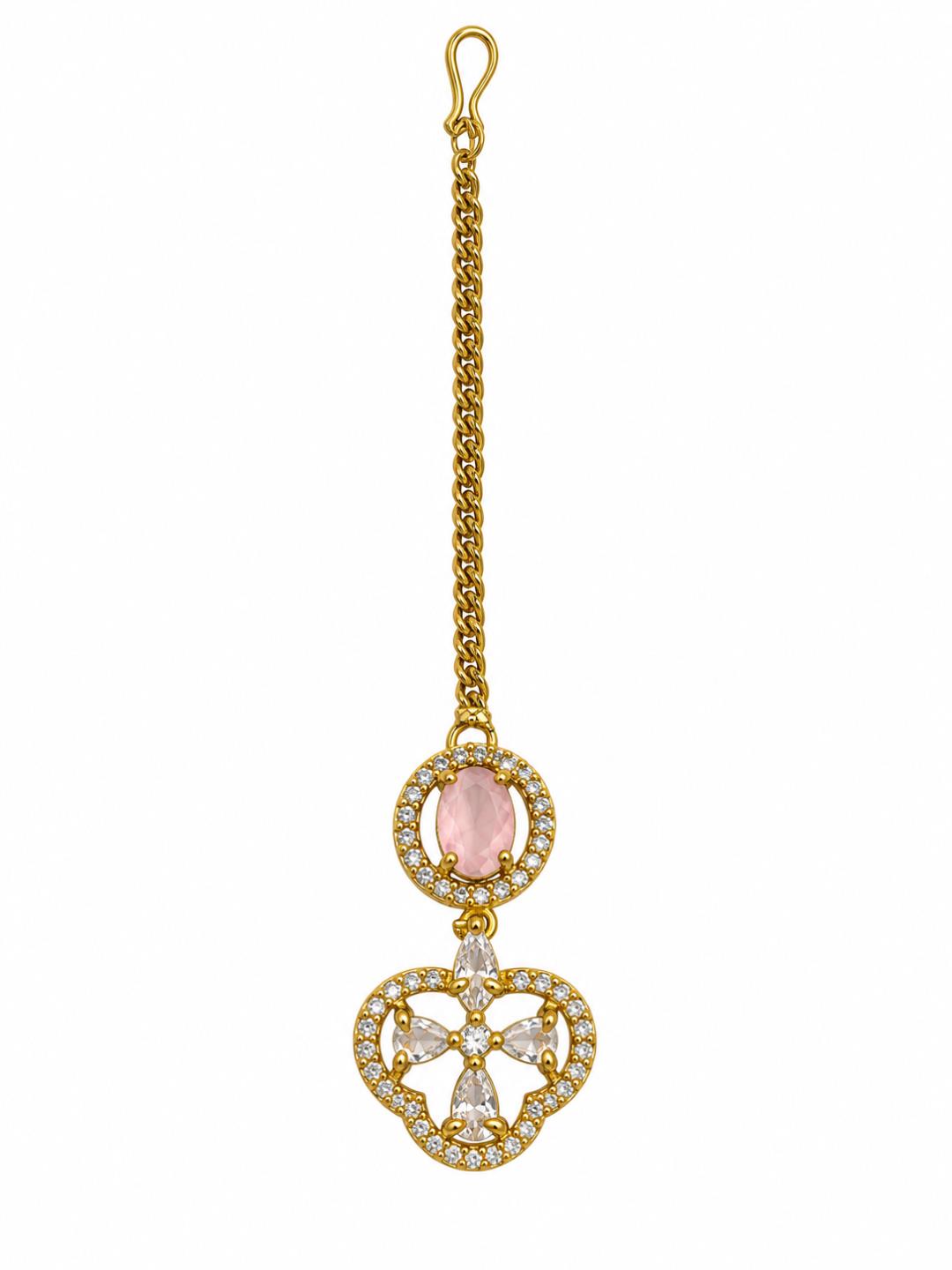 South Indian Gold Plated Pink AD Maang Tikka for Women