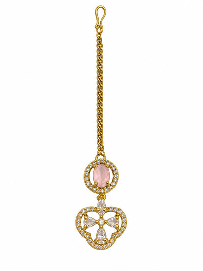 South Indian Gold Plated Pink AD Maang Tikka for Women