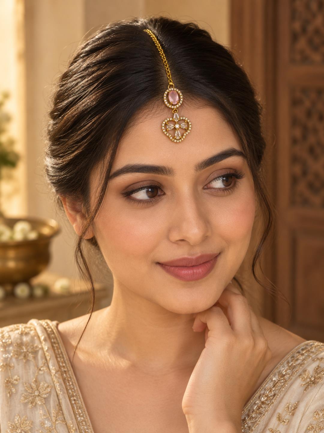 South Indian Gold Plated Pink AD Maang Tikka for Women