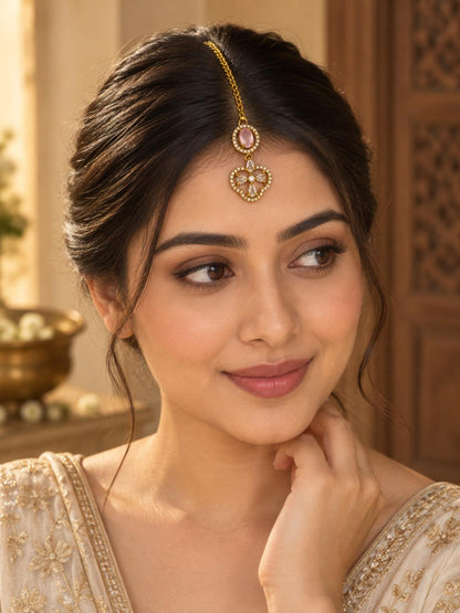 South Indian Gold Plated Pink AD Maang Tikka for Women