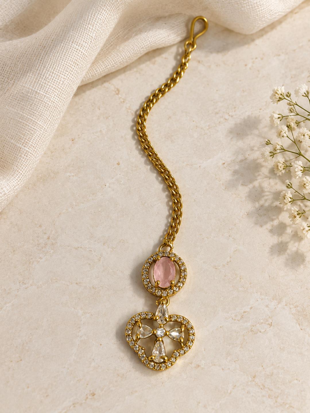 South Indian Gold Plated Pink AD Maang Tikka for Women
