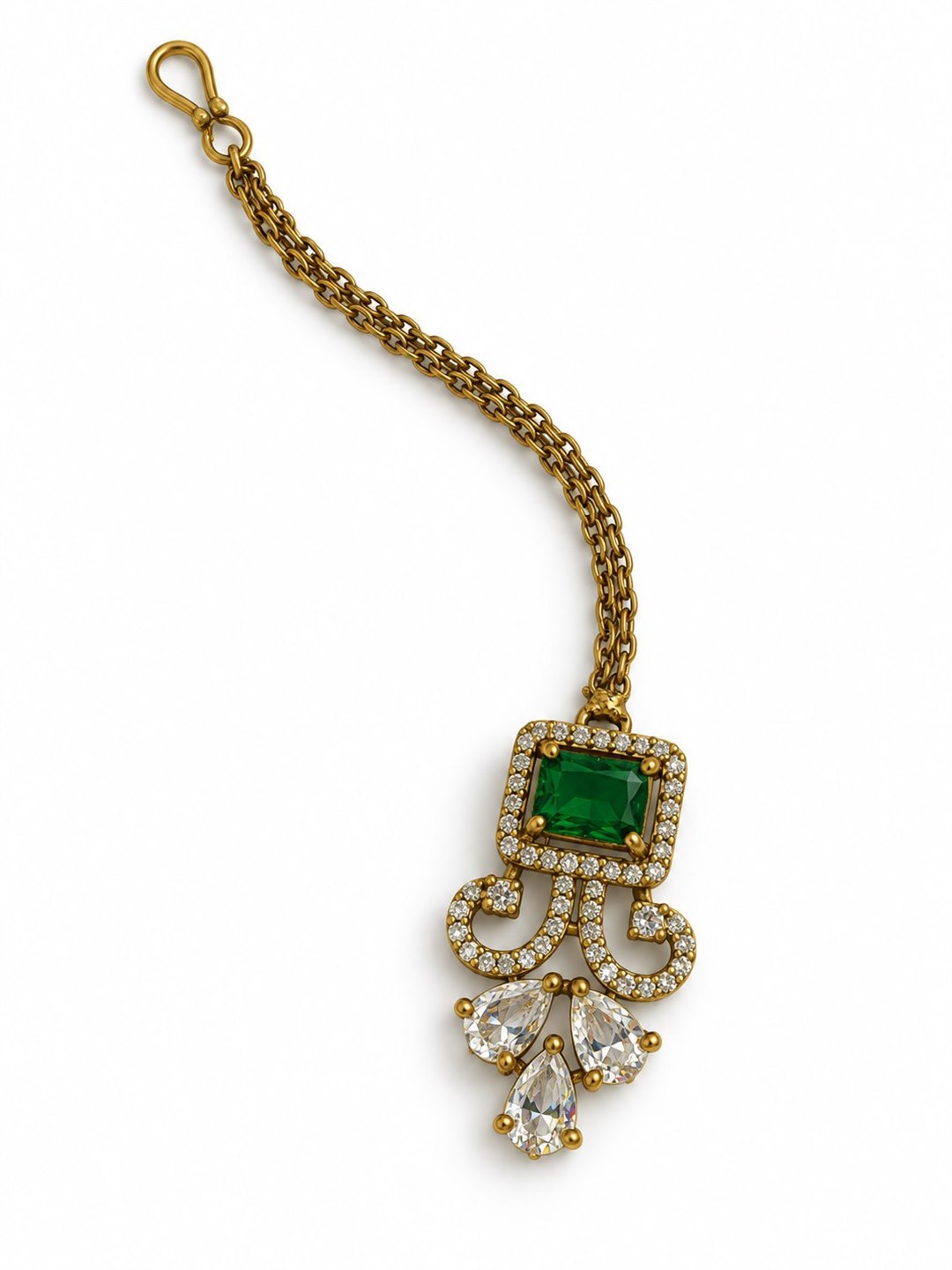 Antique Gold Plated Green Maang Tikka for Women