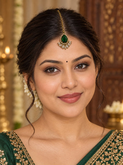 Antique Gold Plated Green Maang Tikka for Women
