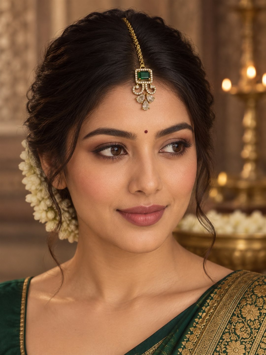 Antique Gold Plated Green Maang Tikka for Women