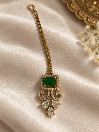 Antique Gold Plated Green Maang Tikka for Women