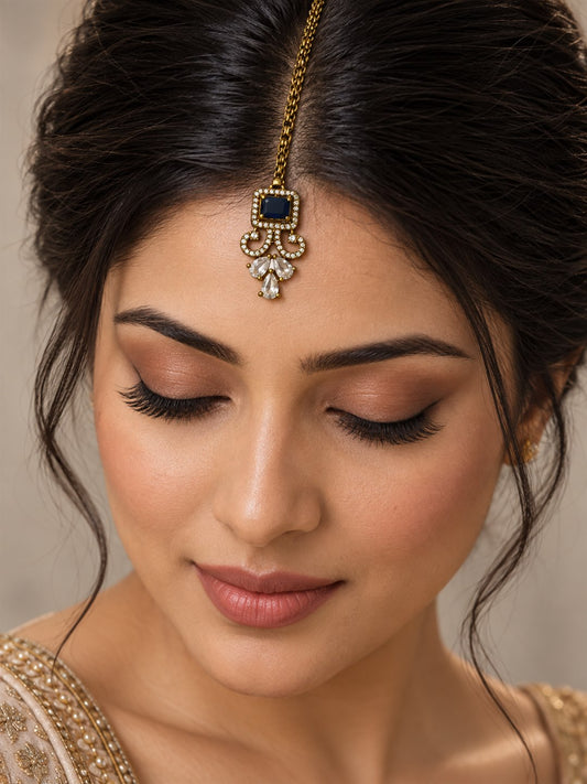 Antique Gold Plated Blue Maang Tikka for Women