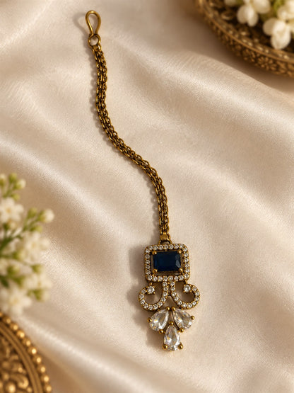 Antique Gold Plated Blue Maang Tikka for Women