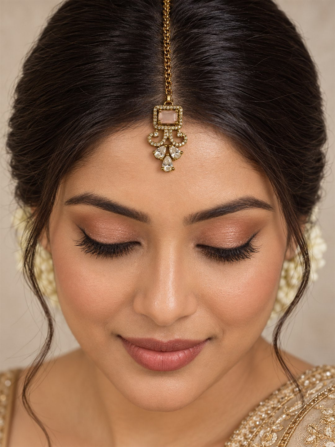 Antique Gold Plated Pink Maang Tikka for Women