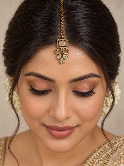 Antique Gold Plated Pink Maang Tikka for Women