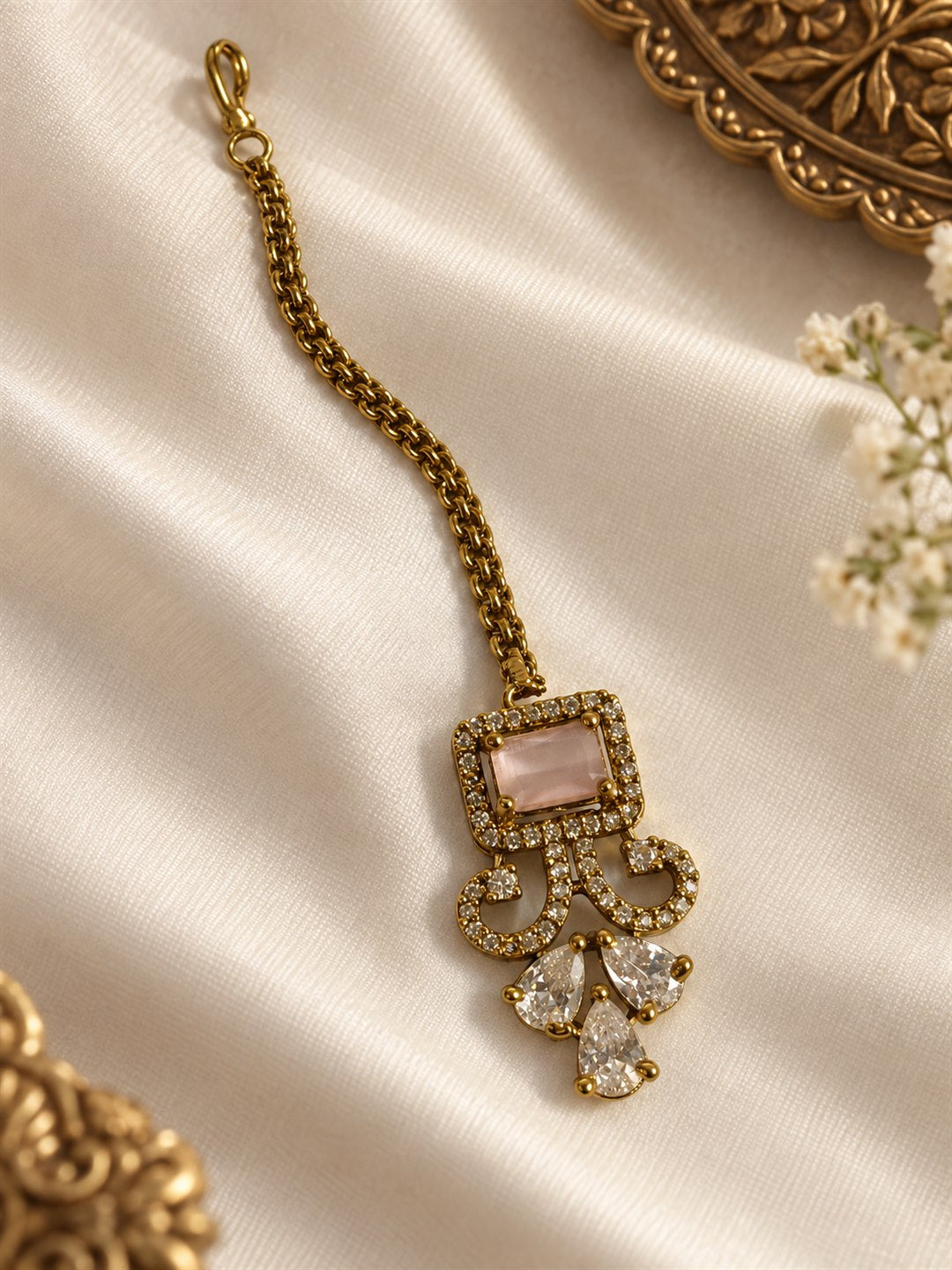 Antique Gold Plated Pink Maang Tikka for Women
