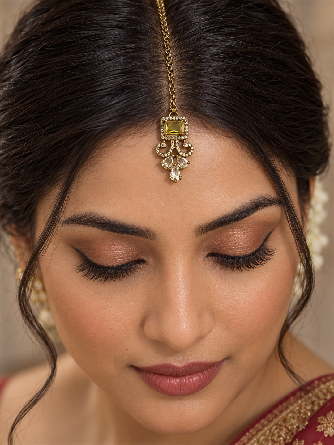 Antique Gold Plated Yellow Maang Tikka for Women