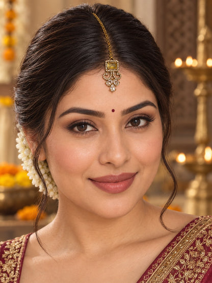 Antique Gold Plated Yellow Maang Tikka for Women