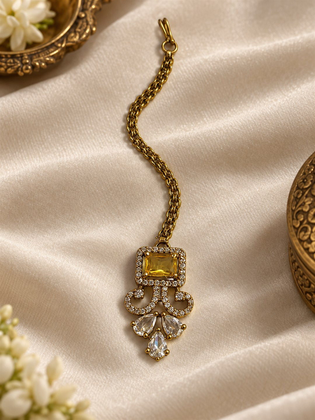 Antique Gold Plated Yellow Maang Tikka for Women