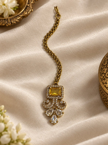 Antique Gold Plated Yellow Maang Tikka for Women