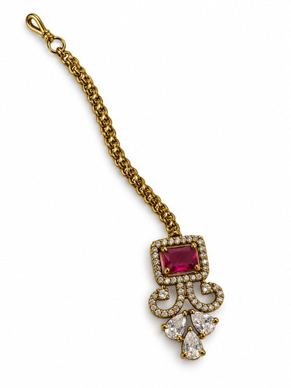 Antique Gold Plated Red Maang Tikka for Women