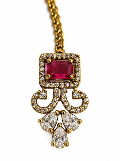 Antique Gold Plated Red Maang Tikka for Women