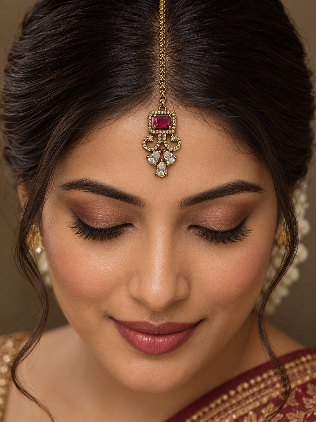 Antique Gold Plated Red Maang Tikka for Women