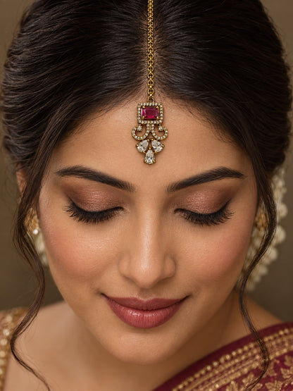 Antique Gold Plated Red Maang Tikka for Women