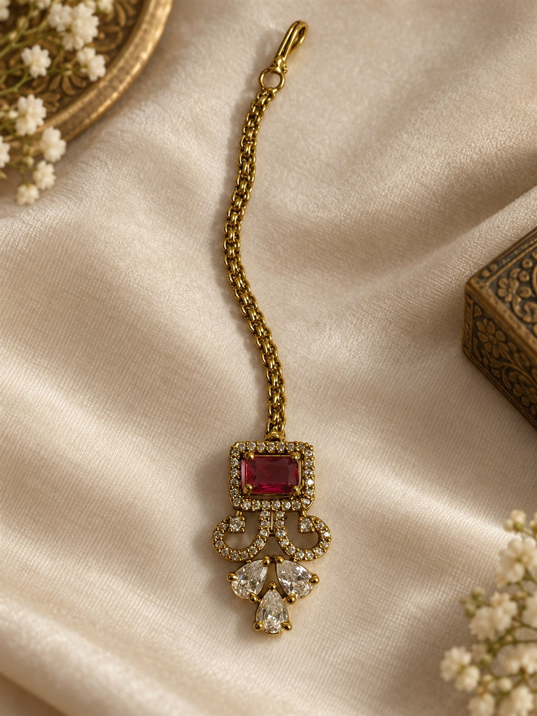 Antique Gold Plated Red Maang Tikka for Women