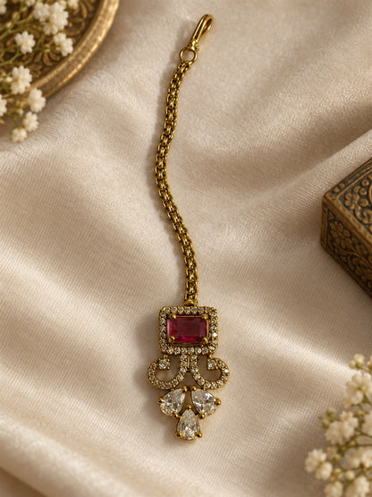 Antique Gold Plated Red Maang Tikka for Women