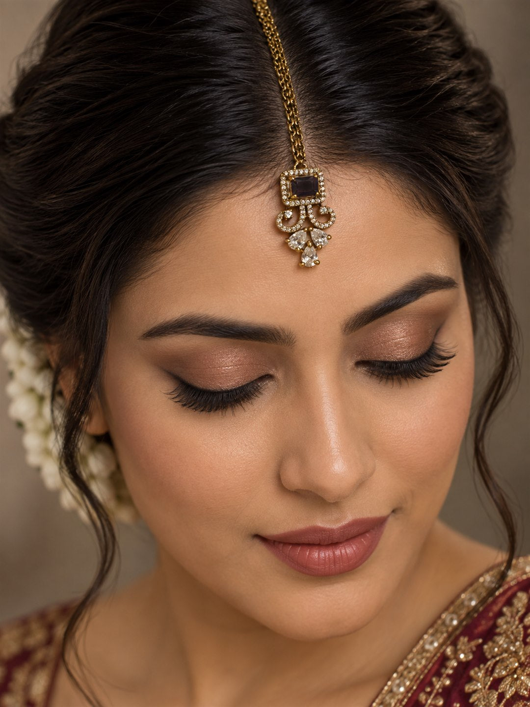 Antique Gold Plated Purple Maang Tikka for Women
