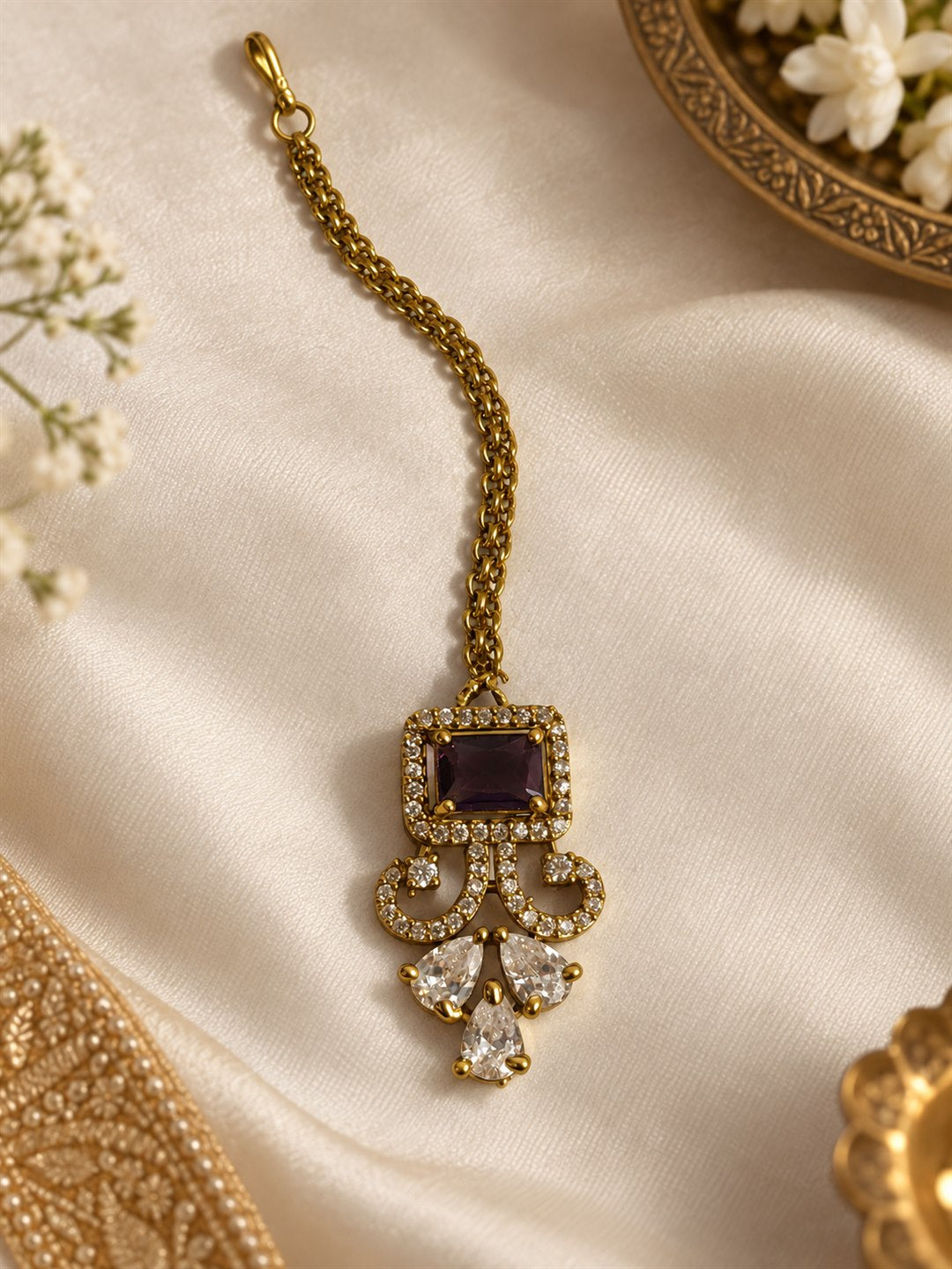 Antique Gold Plated Purple Maang Tikka for Women