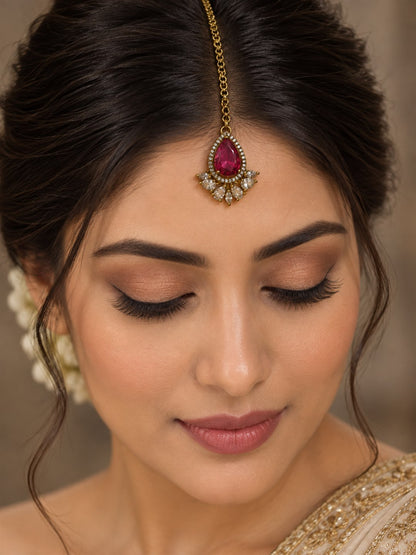 Antique Gold Plated Red Maang Tikka for Women