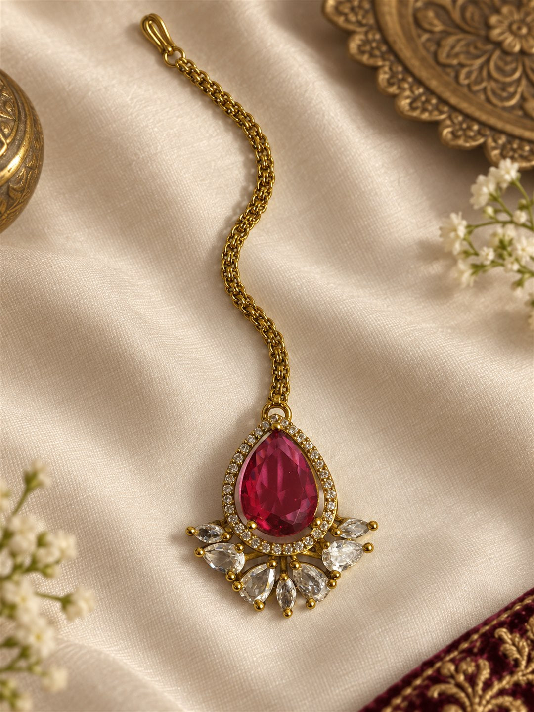 Antique Gold Plated Red Maang Tikka for Women