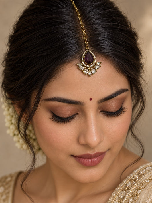 Antique Gold Plated Purple Maang Tikka for Women