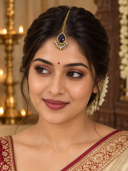 Antique Gold Plated Purple Maang Tikka for Women