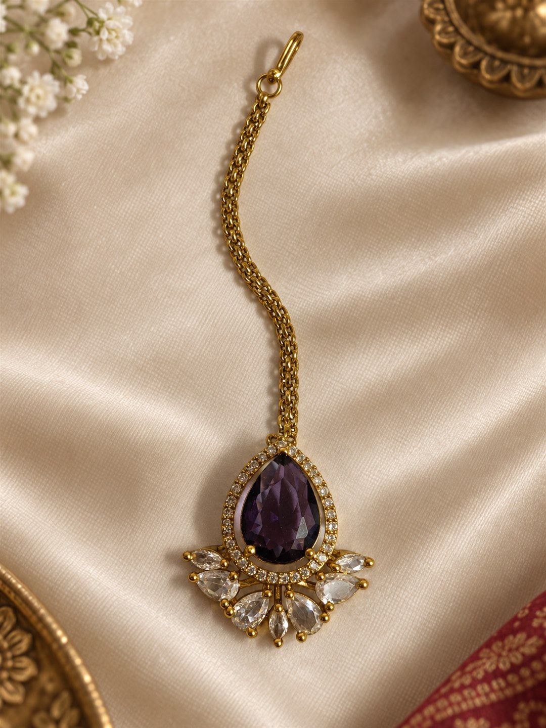 Antique Gold Plated Purple Maang Tikka for Women