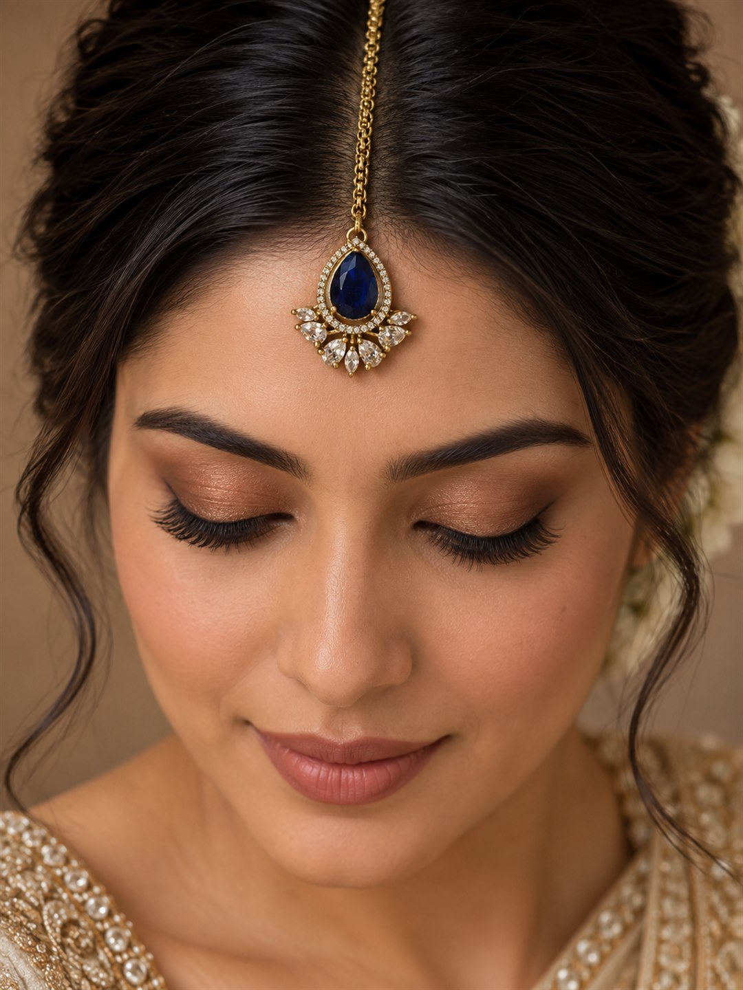 Antique Gold Plated Blue Maang Tikka for Women