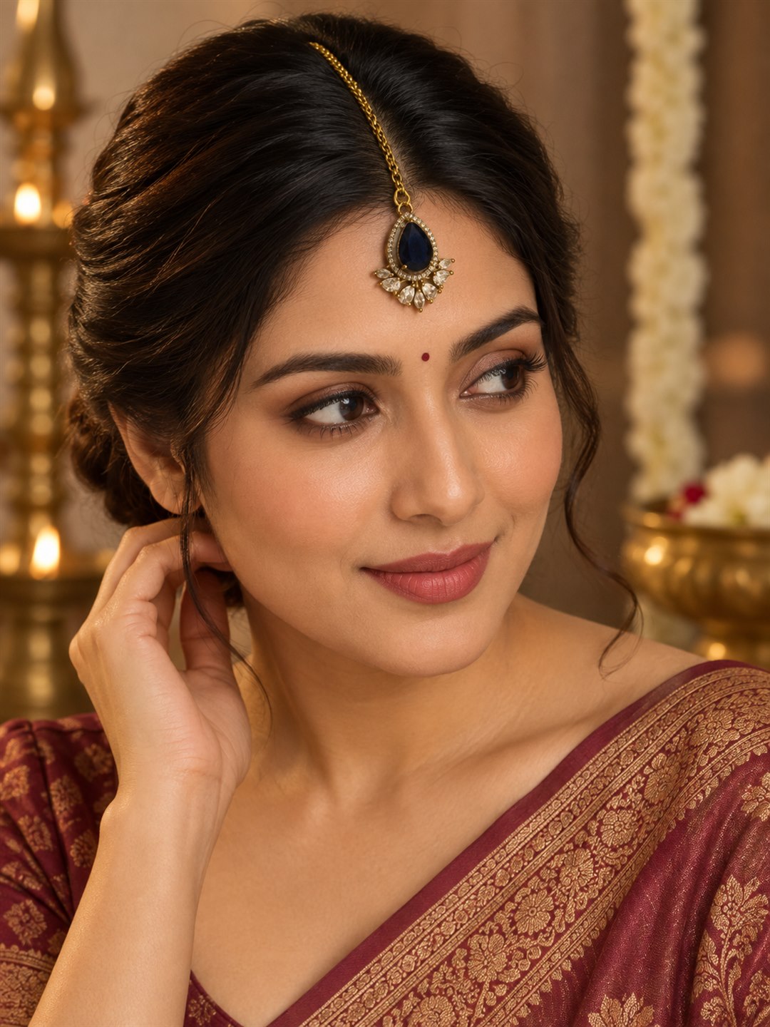 Antique Gold Plated Blue Maang Tikka for Women