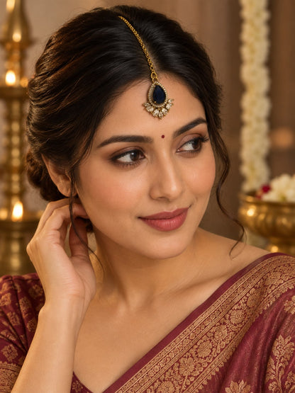 Antique Gold Plated Blue Maang Tikka for Women
