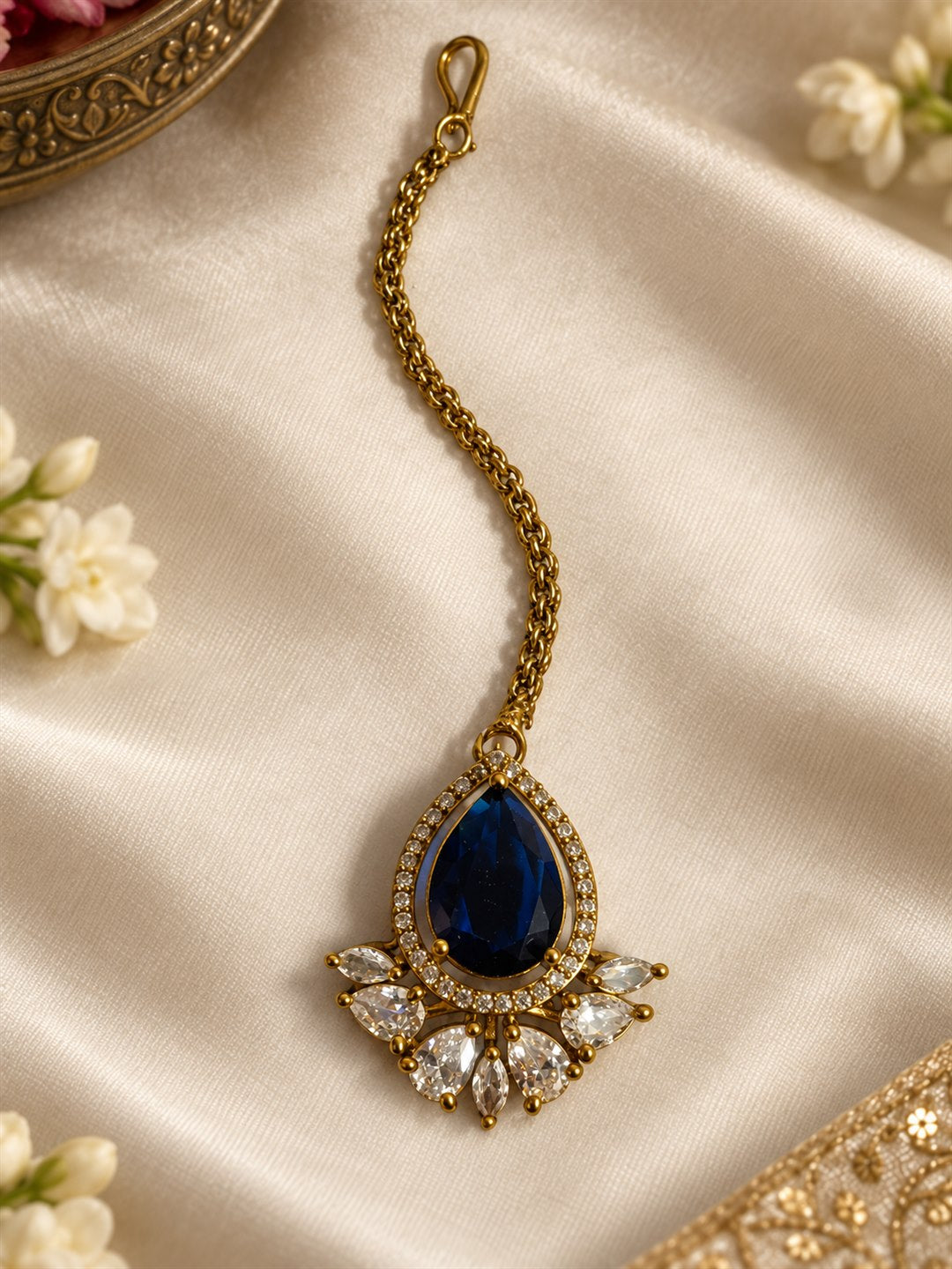 Antique Gold Plated Blue Maang Tikka for Women