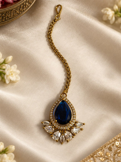 Antique Gold Plated Blue Maang Tikka for Women
