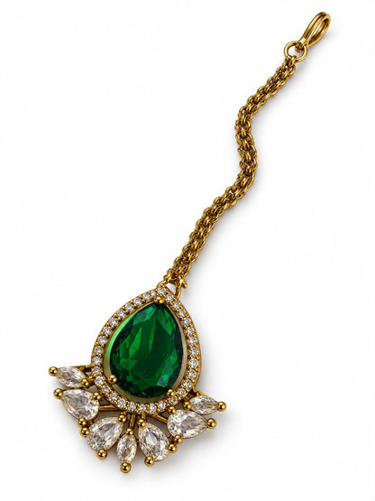 Antique Gold Plated Green Maang Tikka for Women