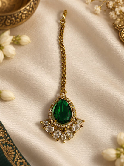 Antique Gold Plated Green Maang Tikka for Women