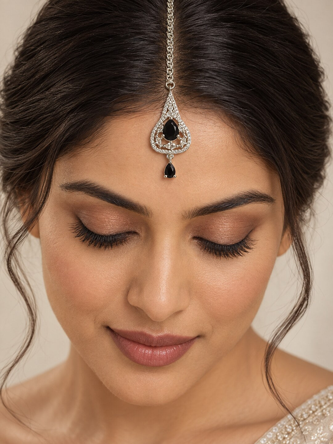 Silver Plated Black AD Maang Tikka for Women