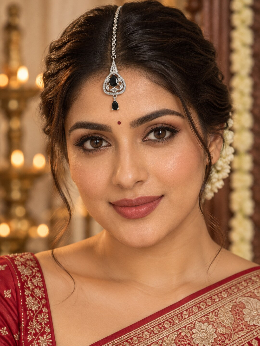 Silver Plated Black AD Maang Tikka for Women