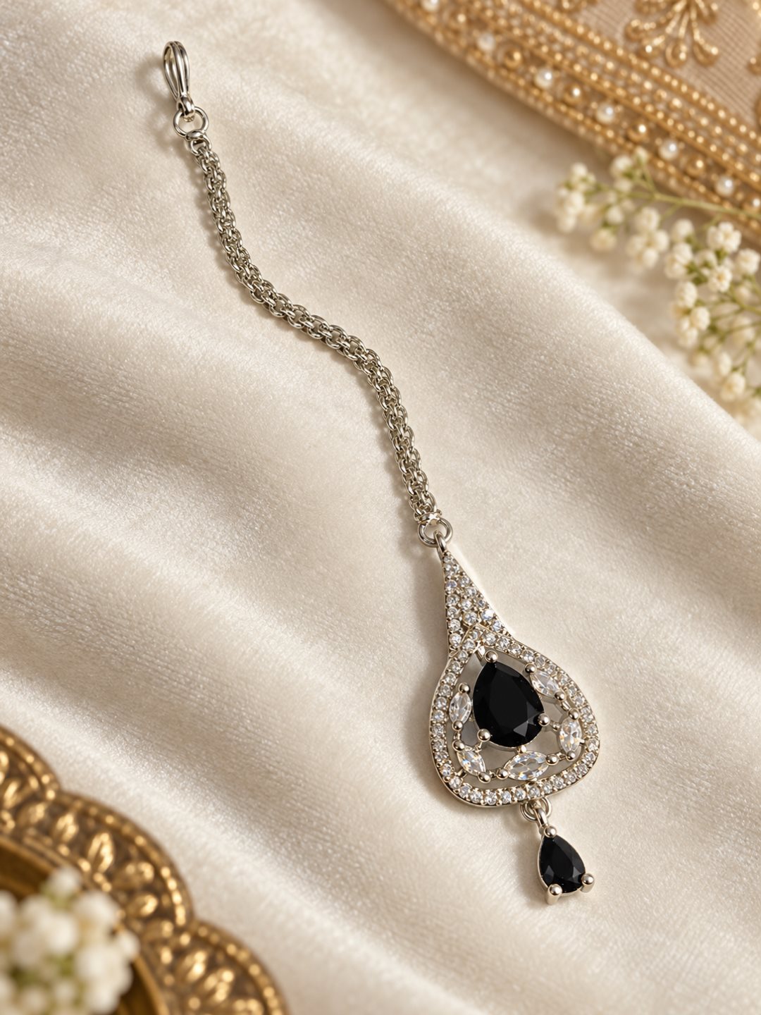 Silver Plated Black AD Maang Tikka for Women