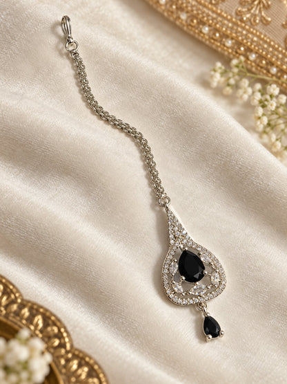 Silver Plated Black AD Maang Tikka for Women