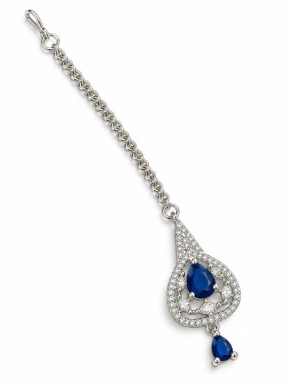 Silver Plated Blue AD Maang Tikka for Women