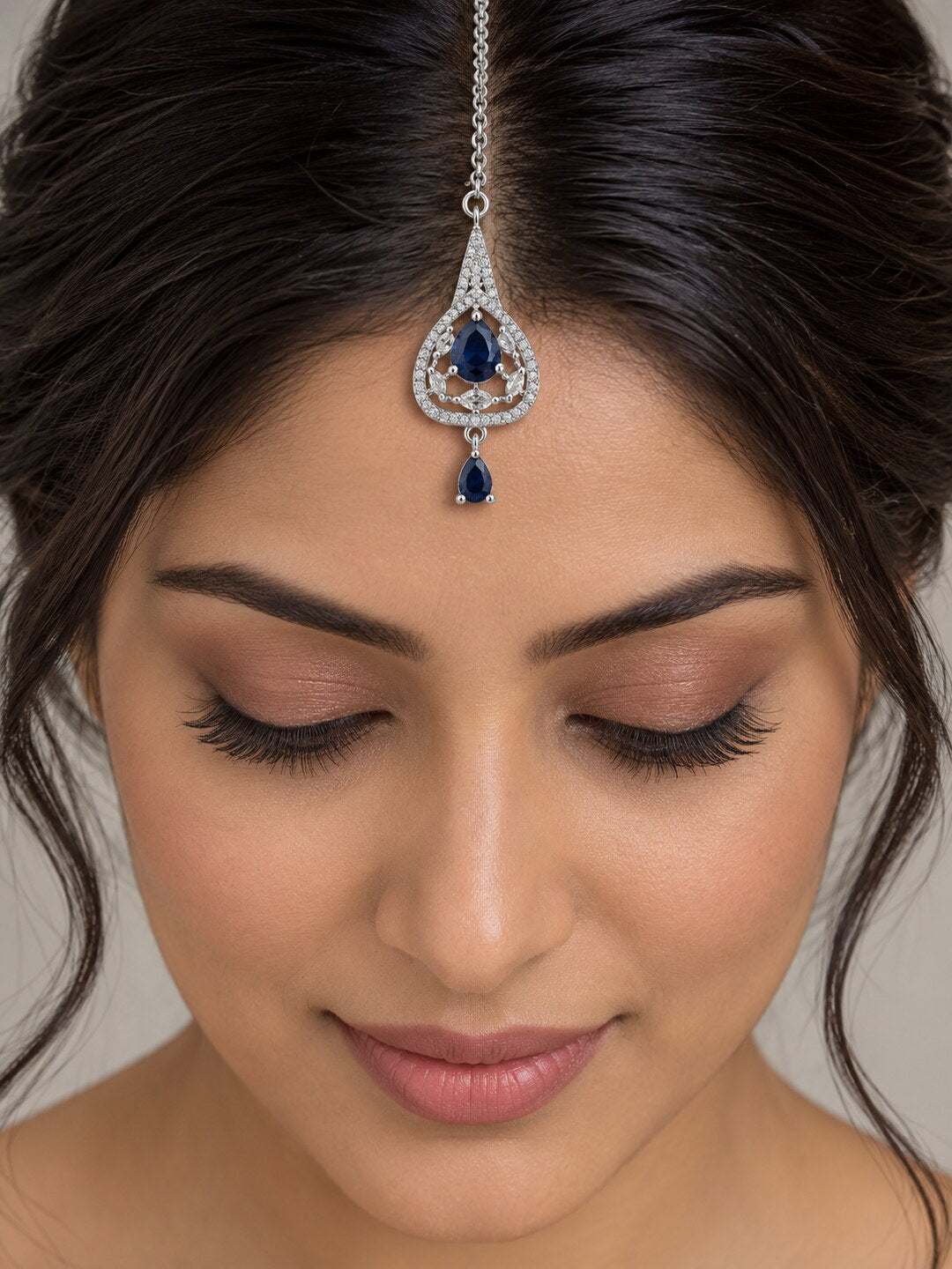 Silver Plated Blue AD Maang Tikka for Women