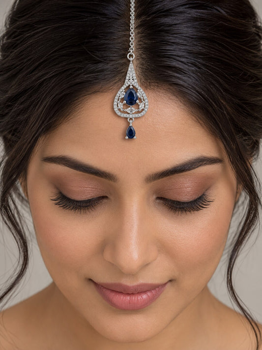 Silver Plated Blue AD Maang Tikka for Women