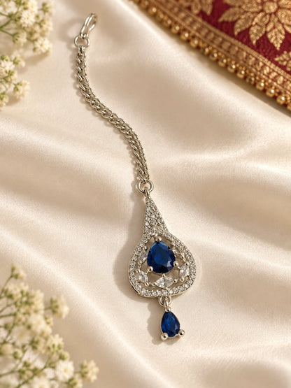 Silver Plated Blue AD Maang Tikka for Women